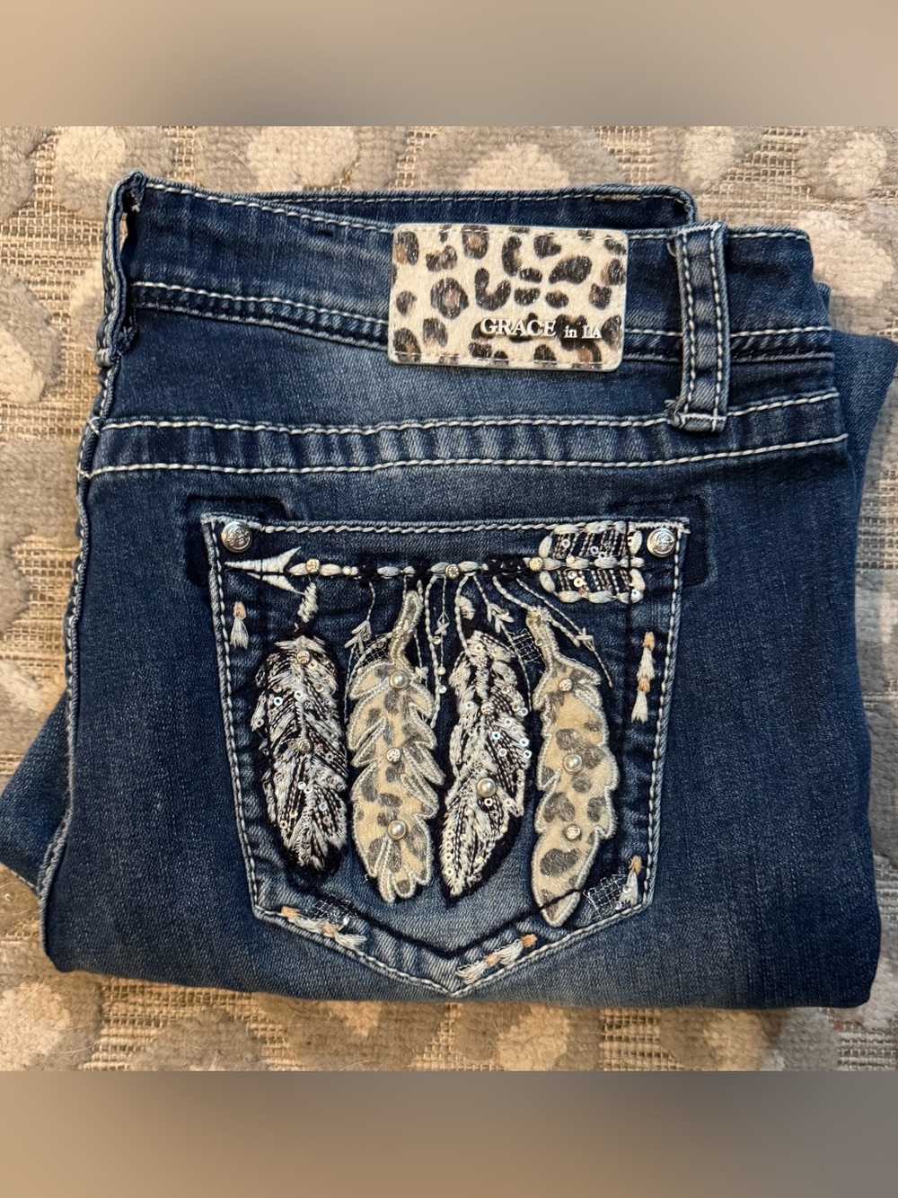 Grace in LA Dark Blue Denim Bootcut Jeans with Embroidered Feather Pocket
